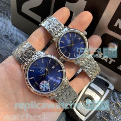 Replica Omega De Ville Blue Dial Stainless Steel Lovers Watch